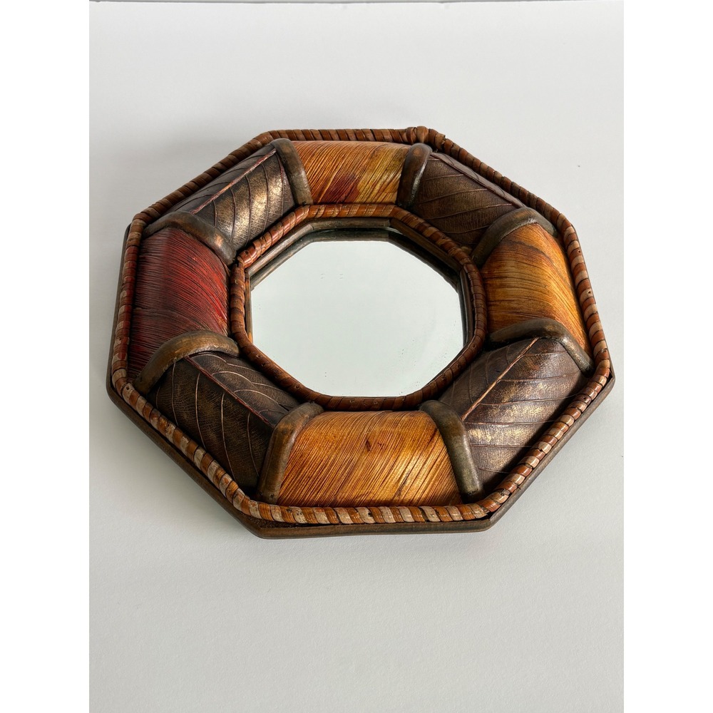 Vintage Octagonal Wall Mirror Rattan Leaf Motif Mixed Media Boho Decor 10in